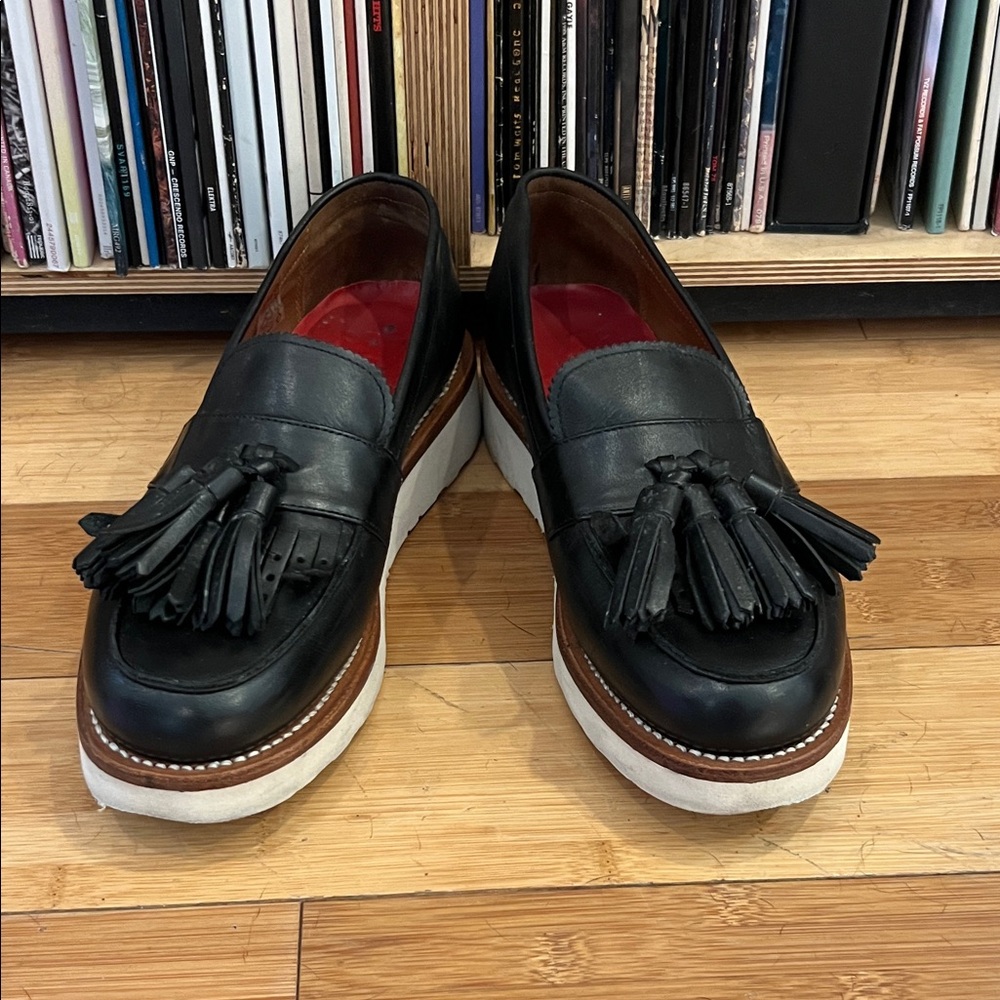 Grenson Black Leather Tassel Platform Loafers with Red Interior
